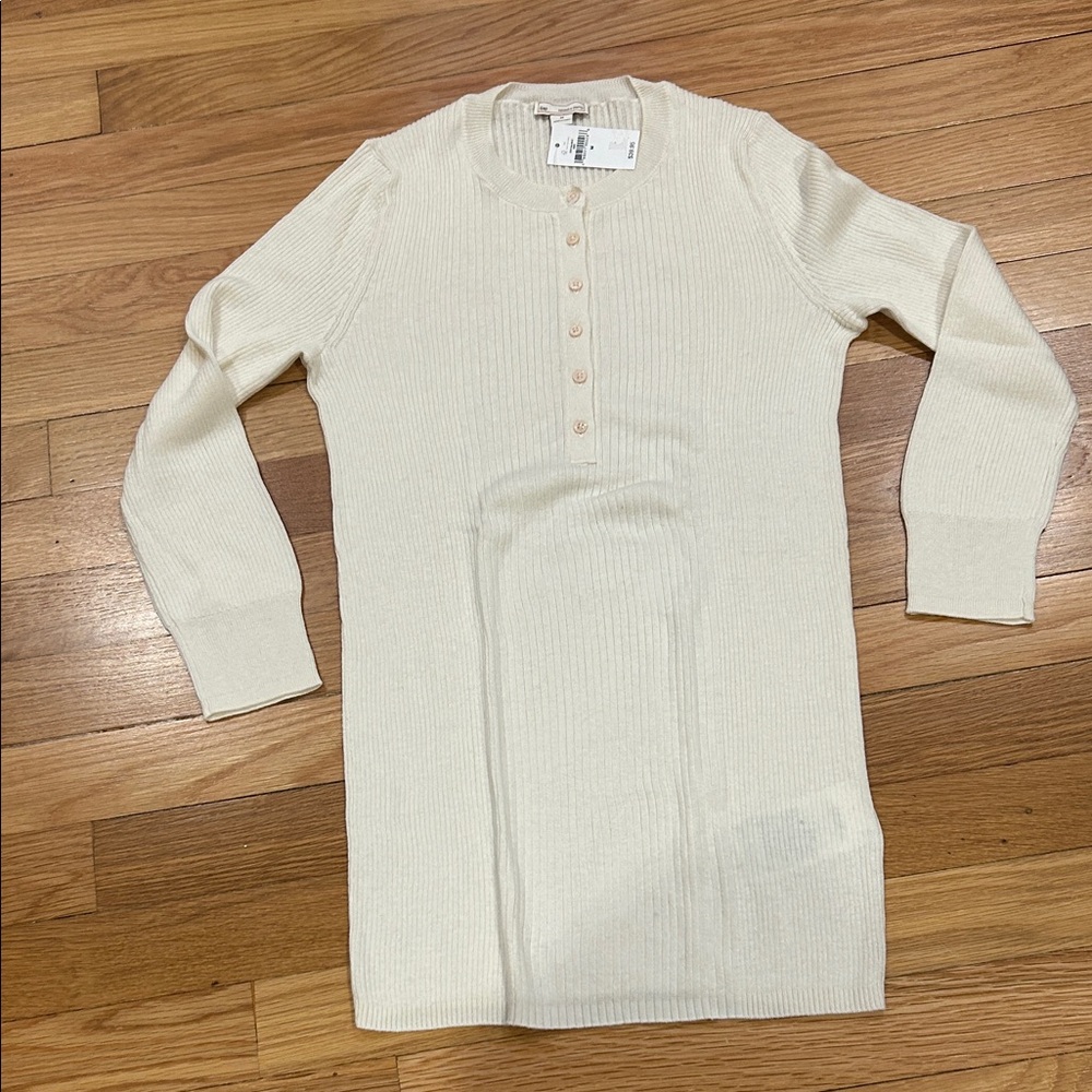 Cream Ribbed Henley 3/4 Sleeve Sweater